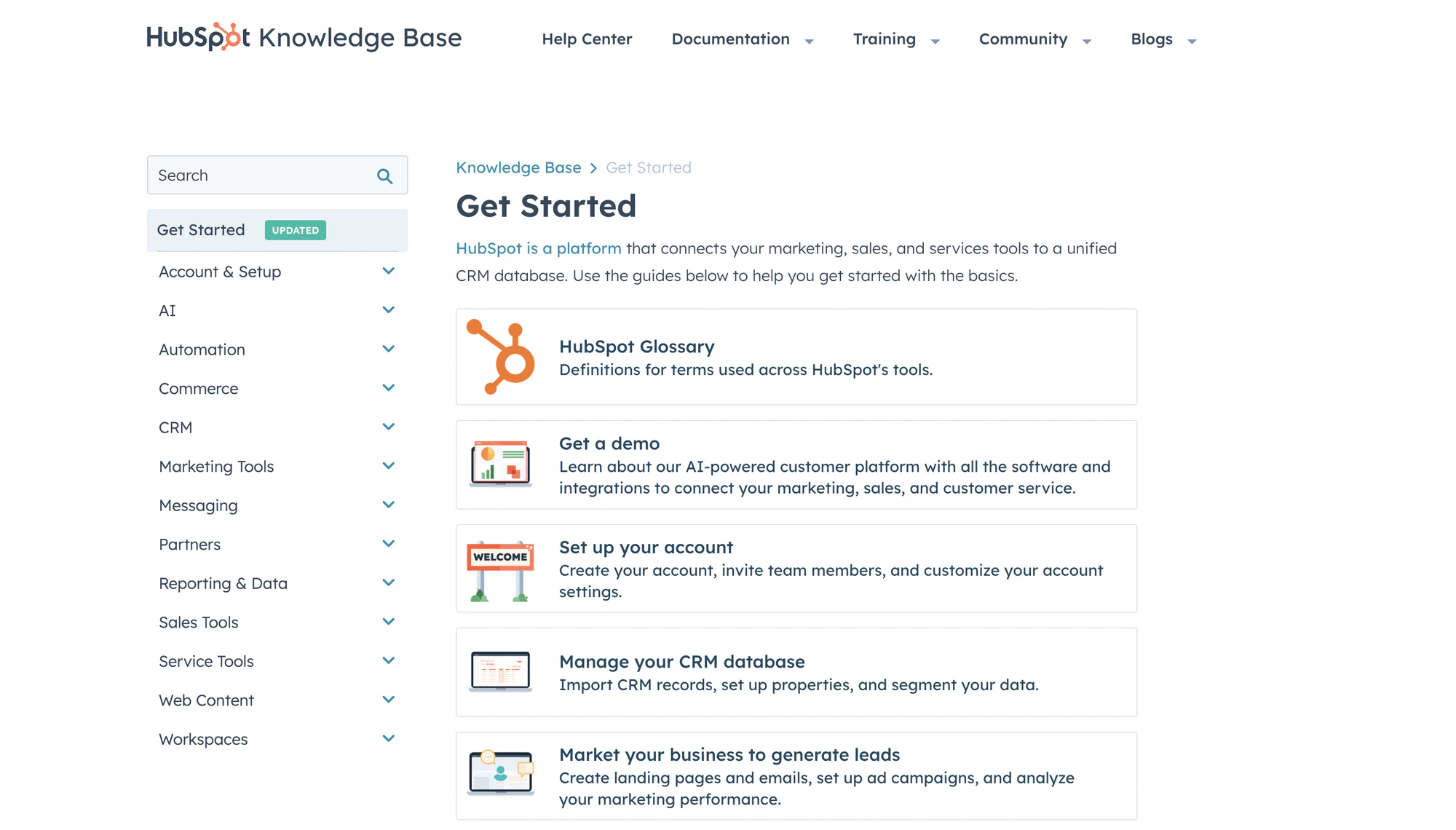 HubSpot Knowledge Base homepage organized by product area and user role