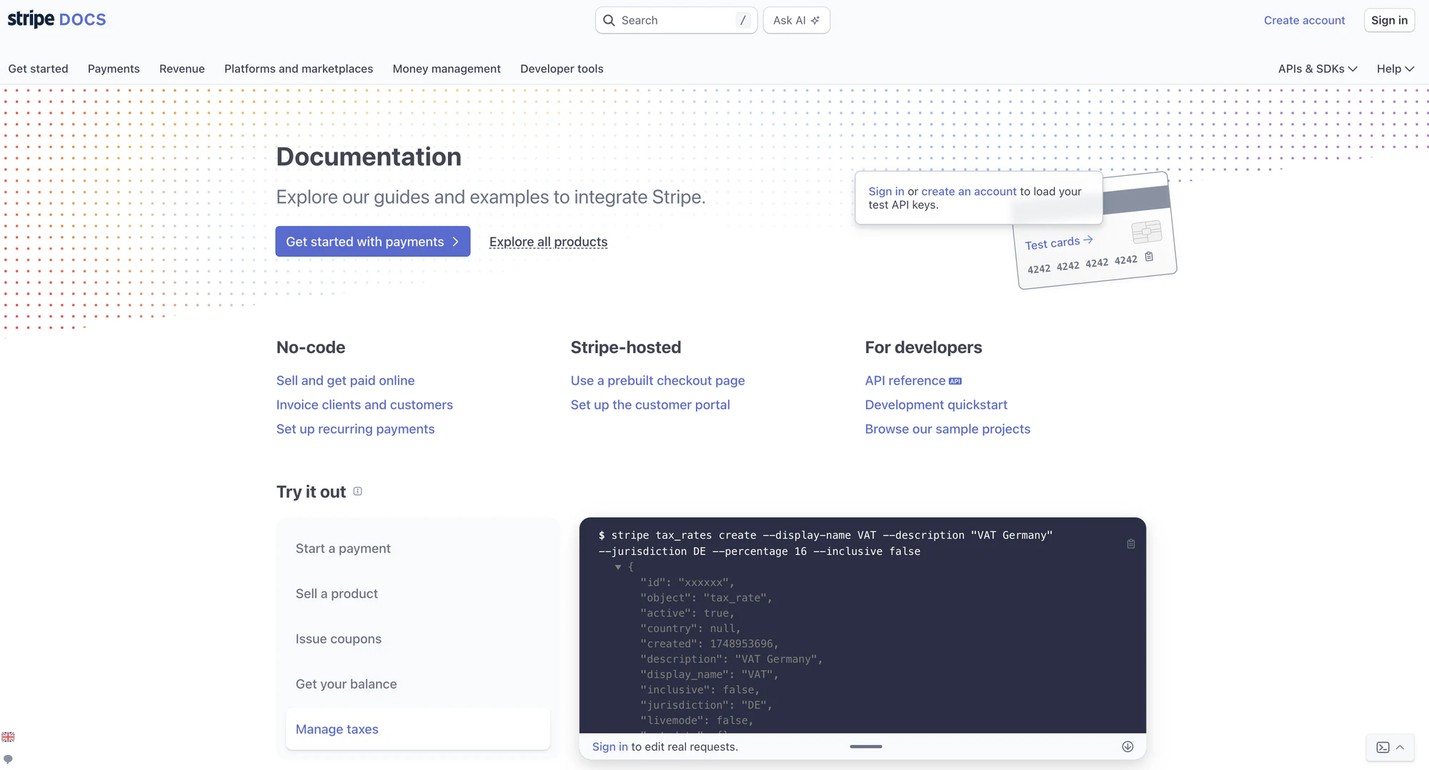 Stripe developer documentation page with API reference and code samples