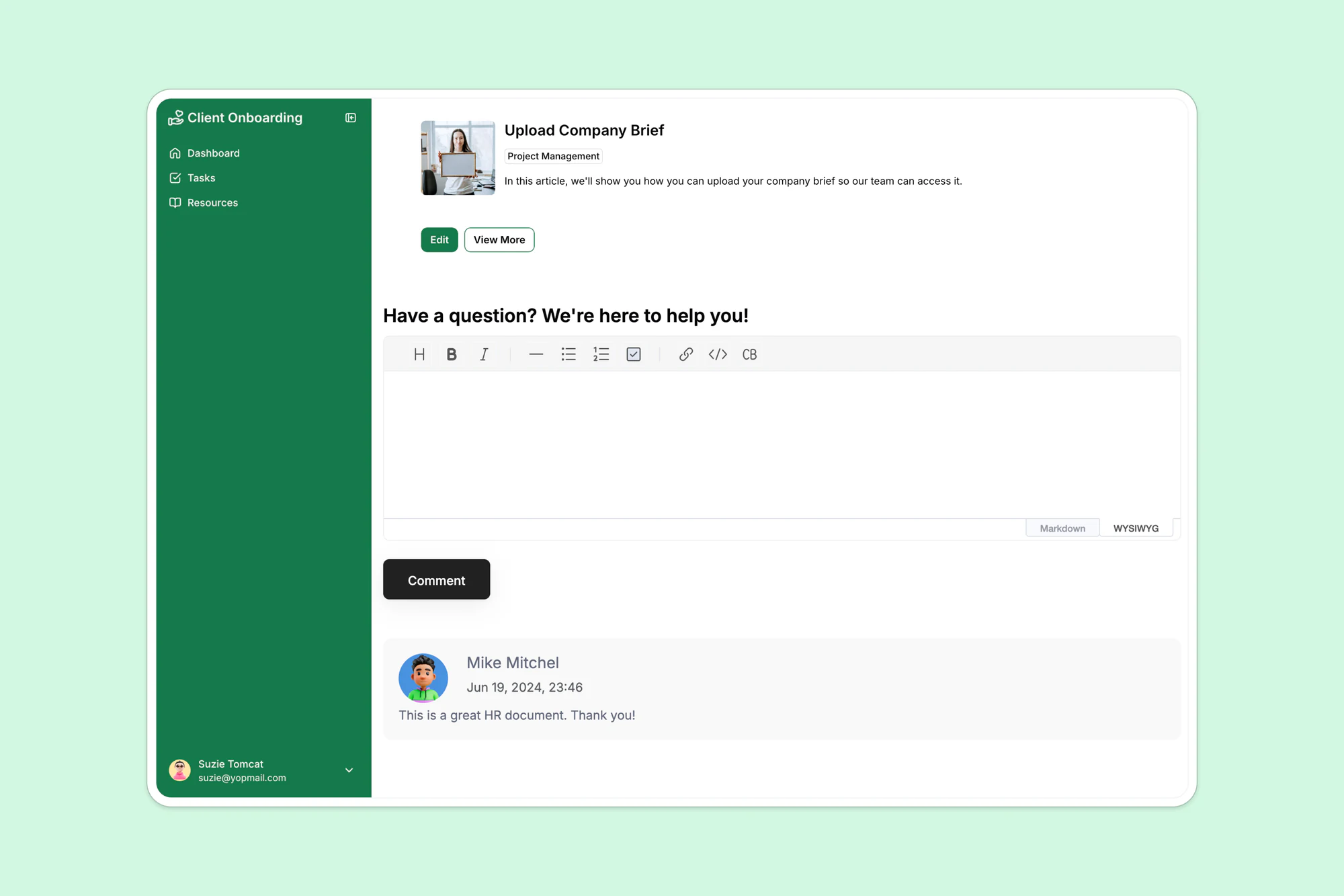 Client and team member exchanging comments on a specific onboarding task
