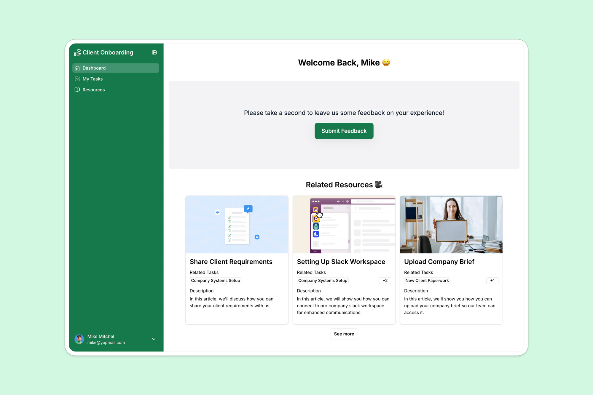 Feedback form for clients to submit comments within the onboarding portal