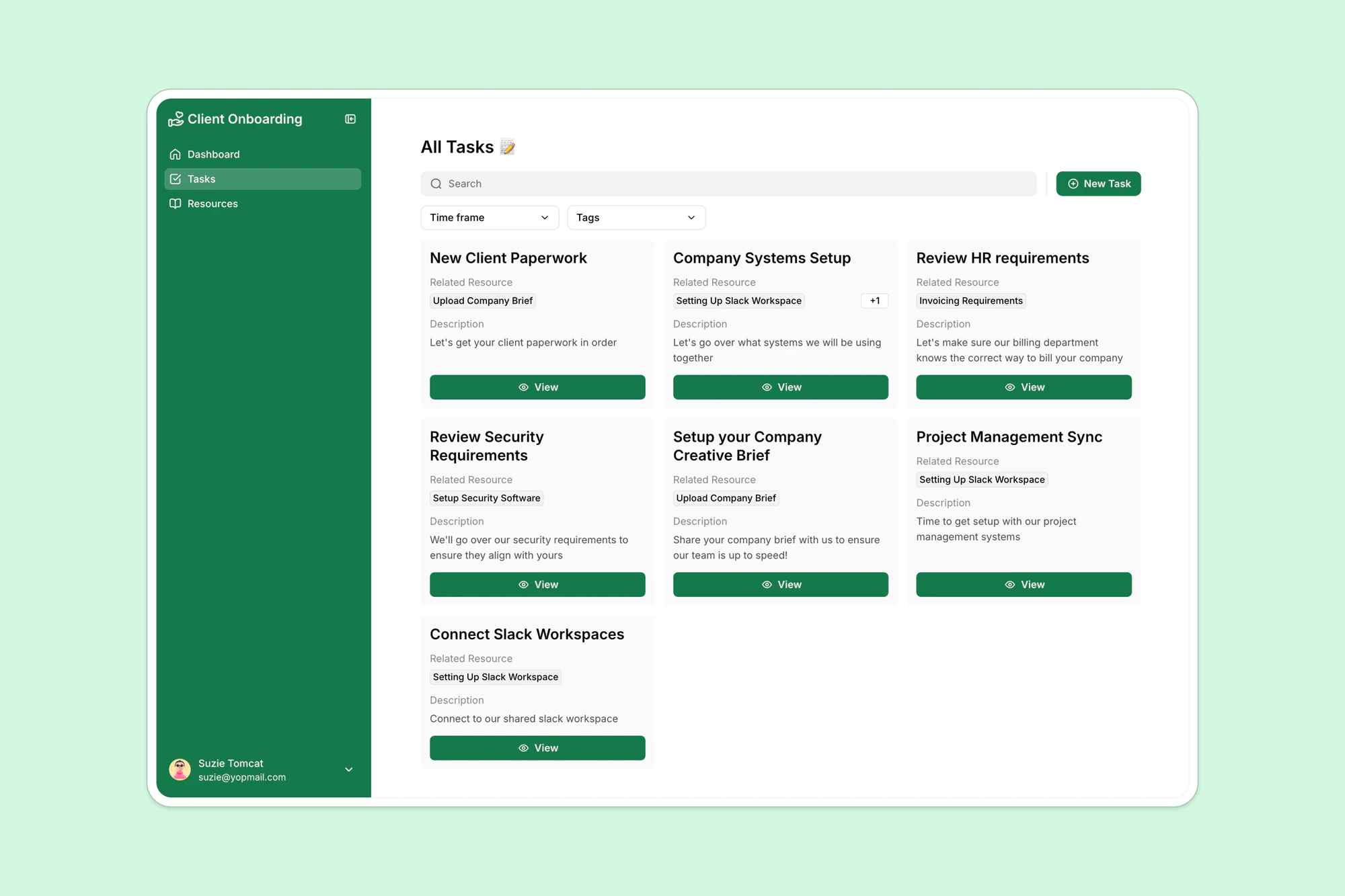 Personalized client onboarding dashboard showing checklist progress and deadlines