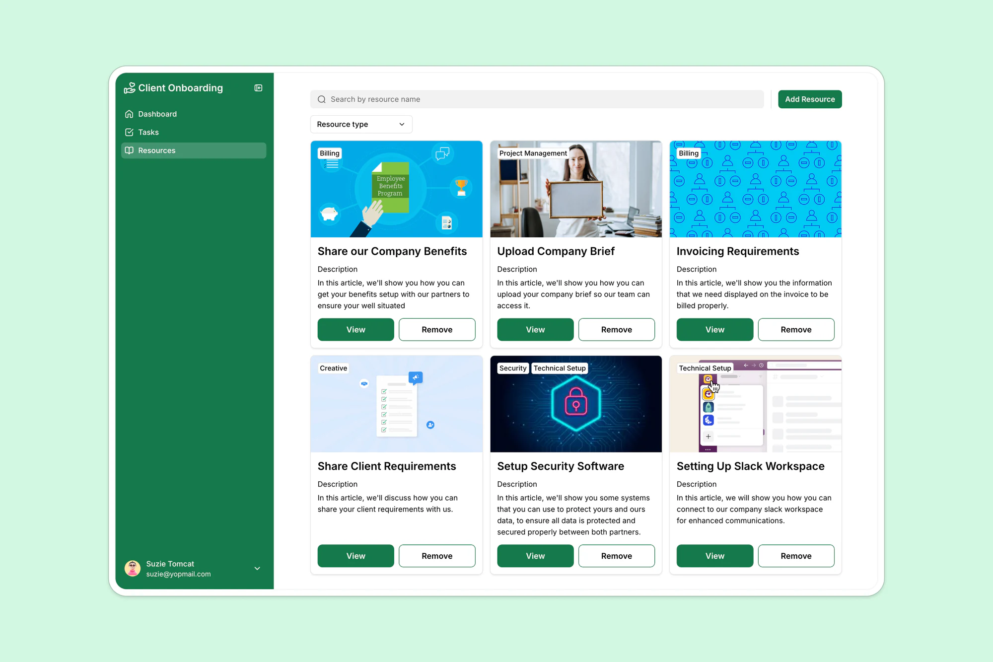 Resource sharing section within a Softr client onboarding portal