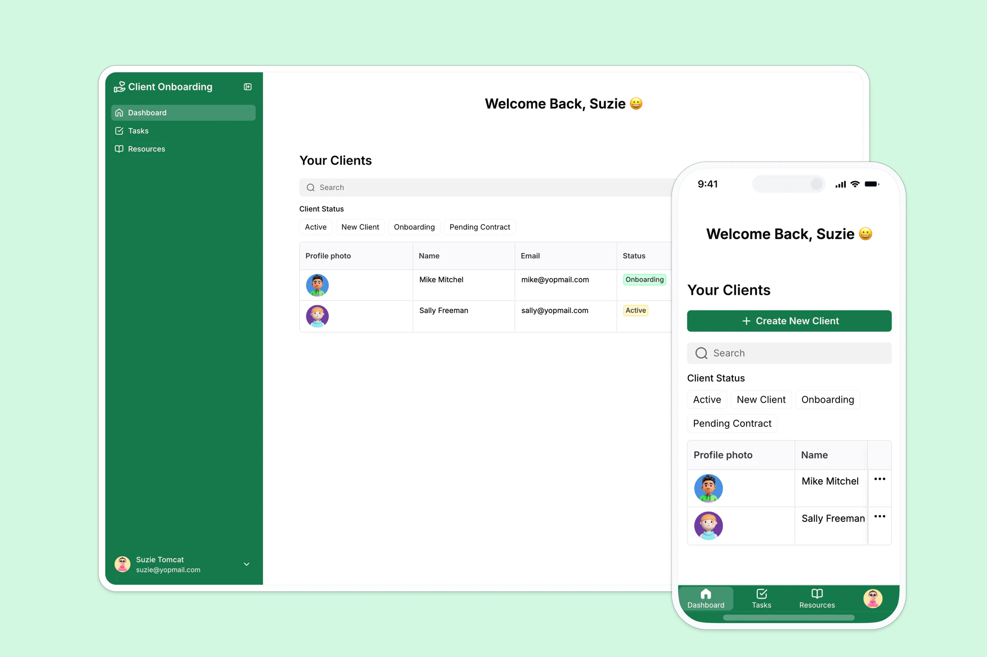 Admin oversight dashboard tracking onboarding progress across multiple clients