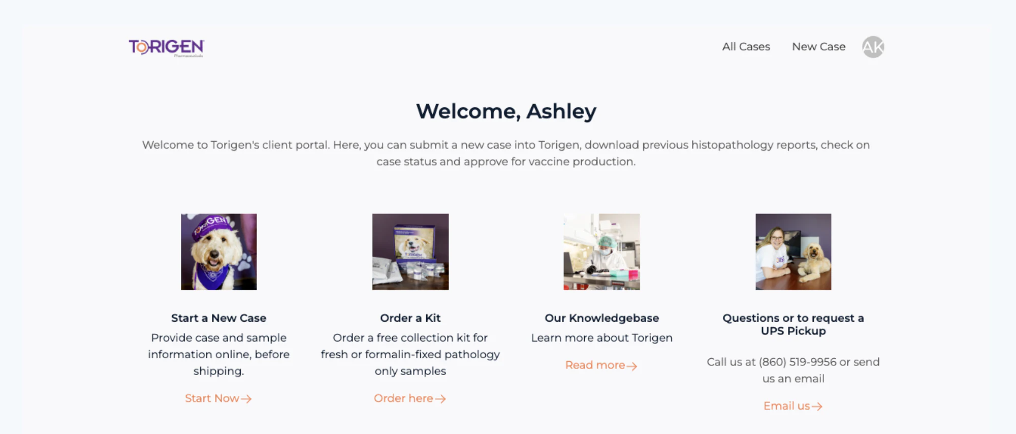 Torigen client portal welcome page for veterinary clinics submitting tumor sample requests