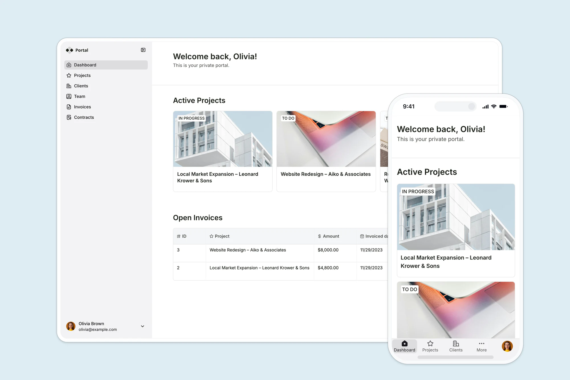 Softr client portal homepage showing a branded interface with project and file navigation