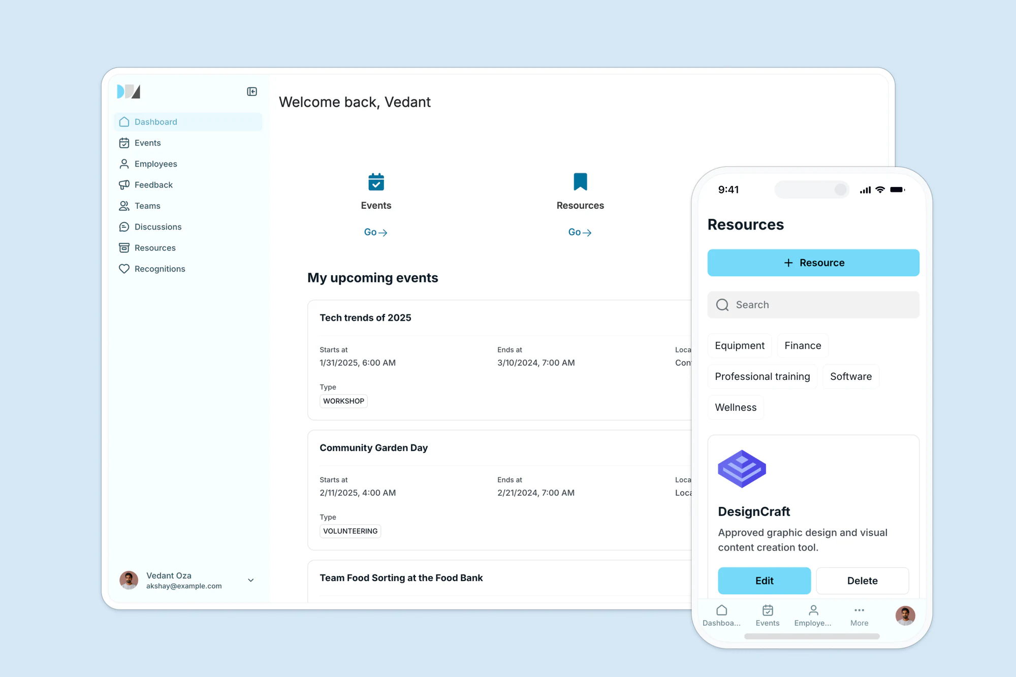 Softr intranet dashboard with upcoming events on desktop and a resources page on mobile