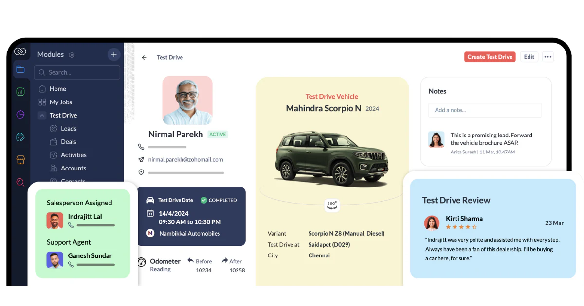 Zoho CRM test drive record with customer profile, vehicle details, assigned salesperson and review