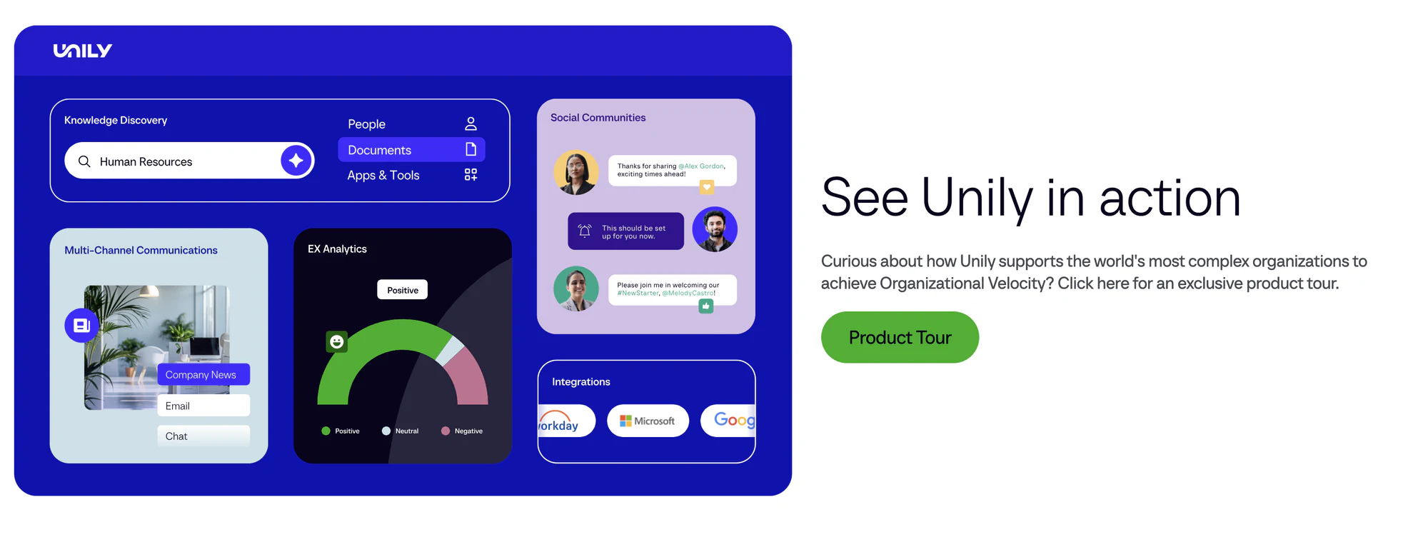 Unily product tour banner showing knowledge search, communications, analytics and integrations panels