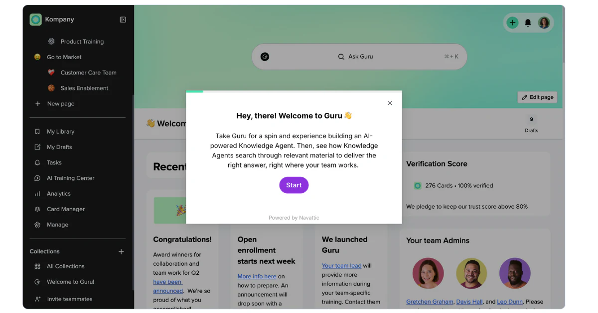 Guru knowledge workspace with a welcome tour popup over the home page and collections sidebar