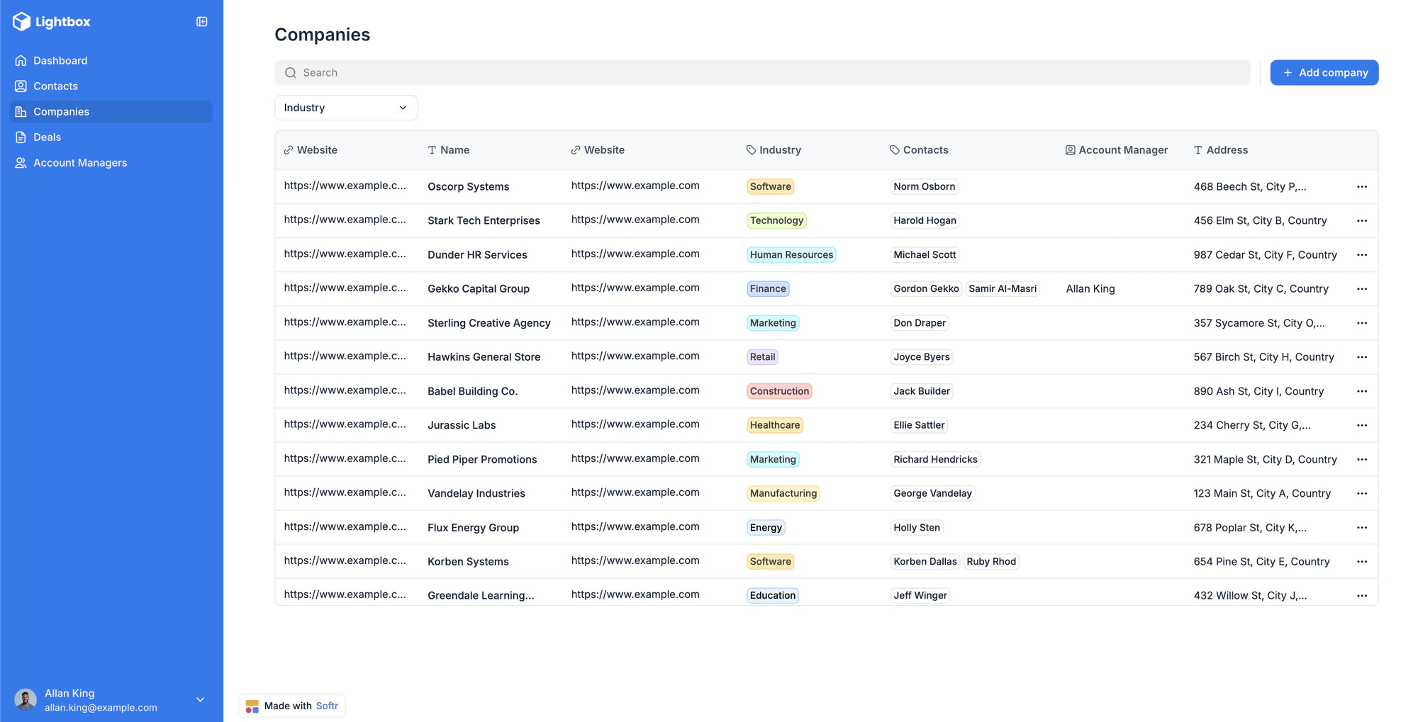 Company list in Softr CRM for agencies.