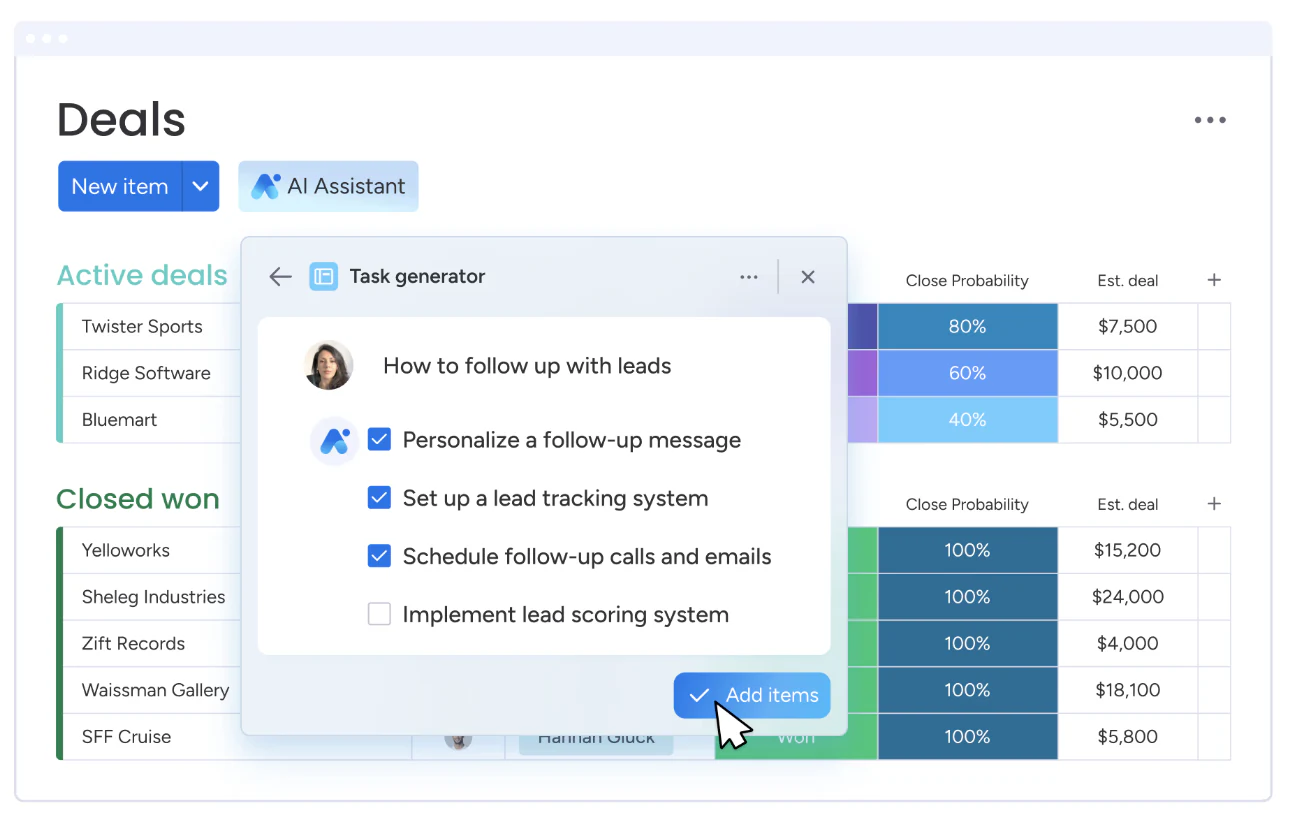 monday CRM deals board with the AI Assistant task generator suggesting lead follow-up tasks