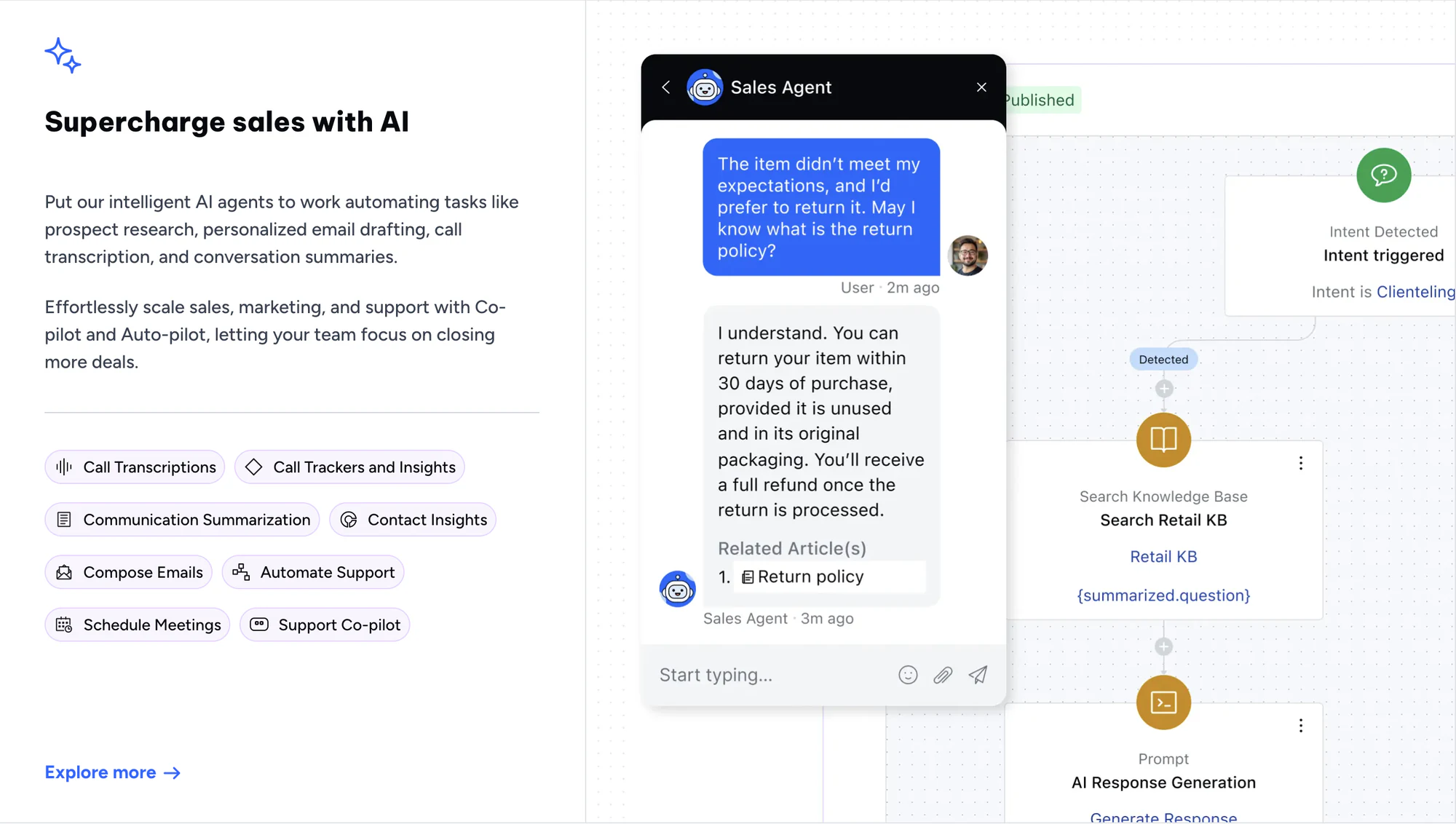 Salesmate AI sales agent chat answering a return policy question beside its intent workflow