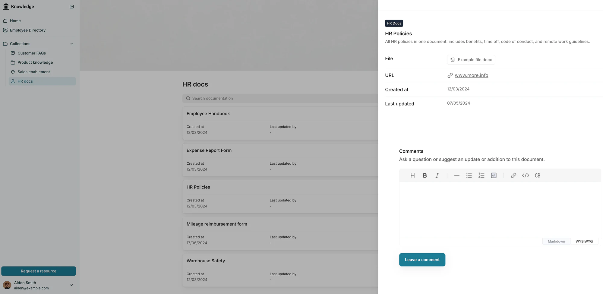 Softr knowledge base HR docs collection with an HR policies document open in a side panel with comments