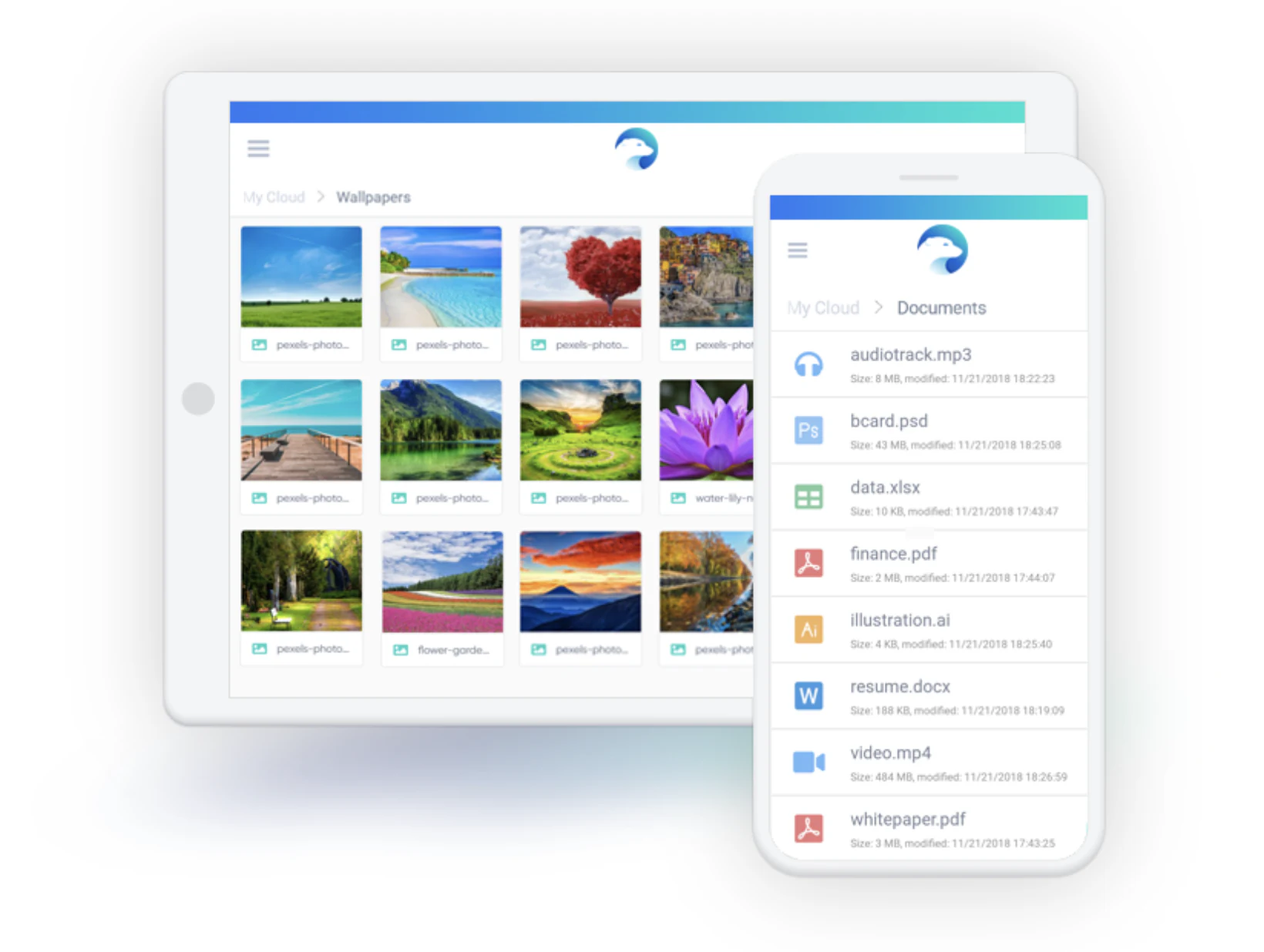 Icedrive cloud storage showing a photo folder on tablet and a documents list on phone