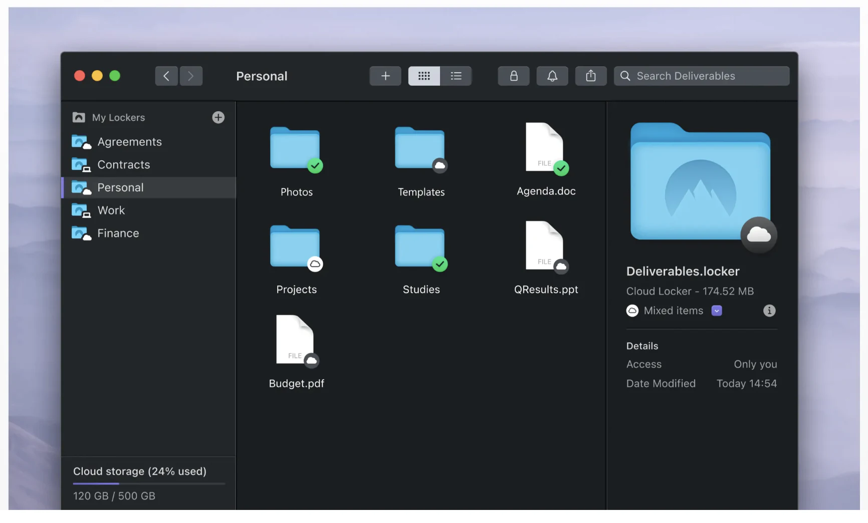 NordLocker desktop app with encrypted lockers, folders and locker details panel