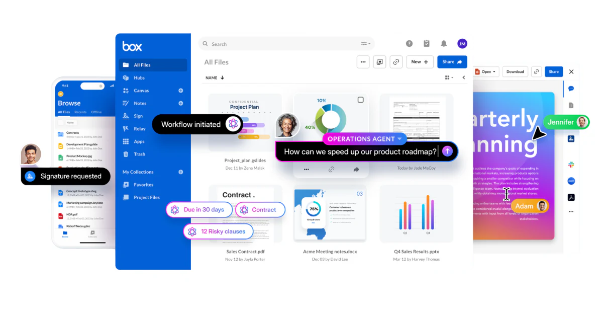 Box file workspace with an operations AI agent prompt, workflow and contract review tags