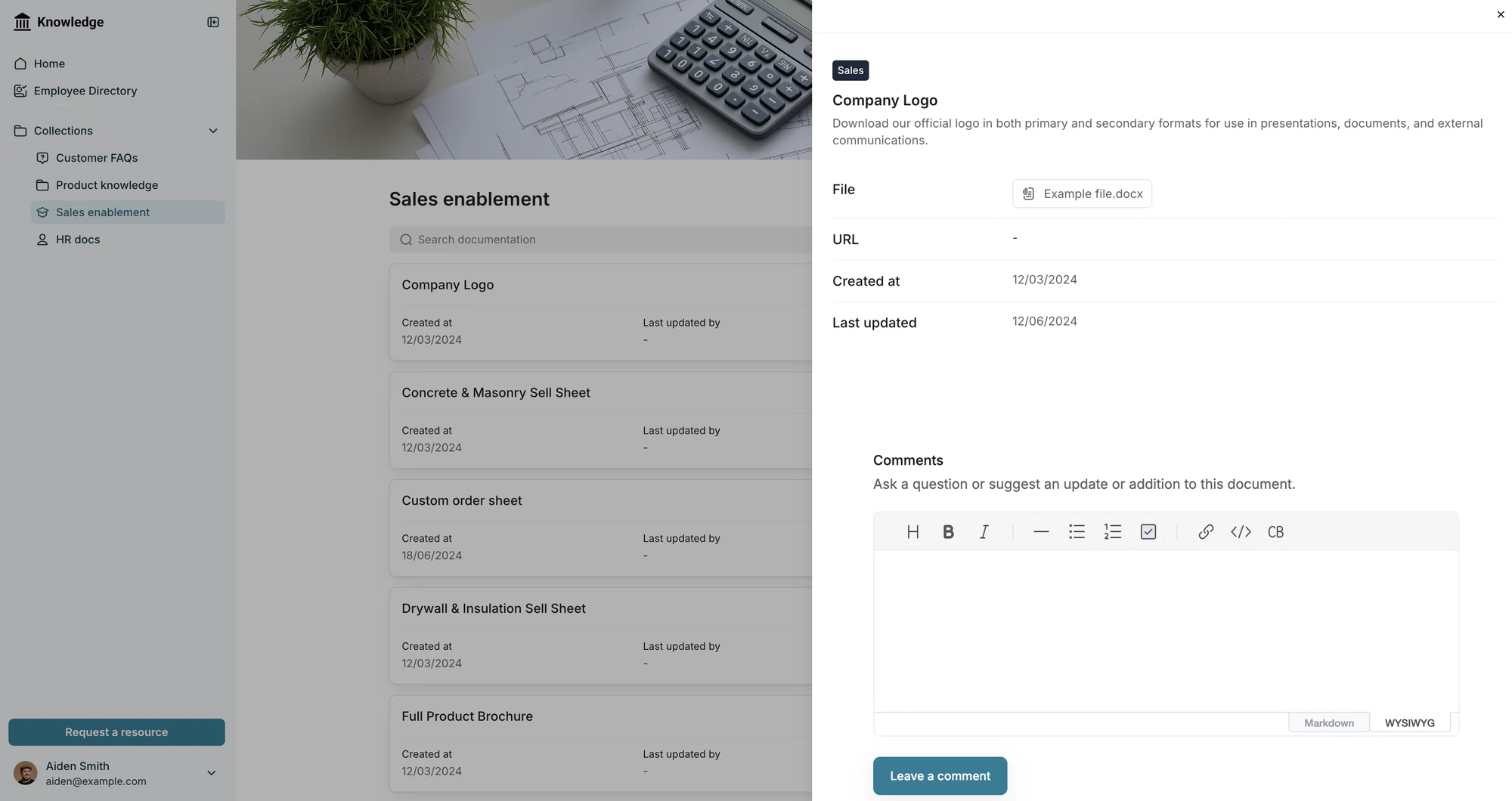 Softr knowledge base sales enablement collection with a company logo file open in a detail panel