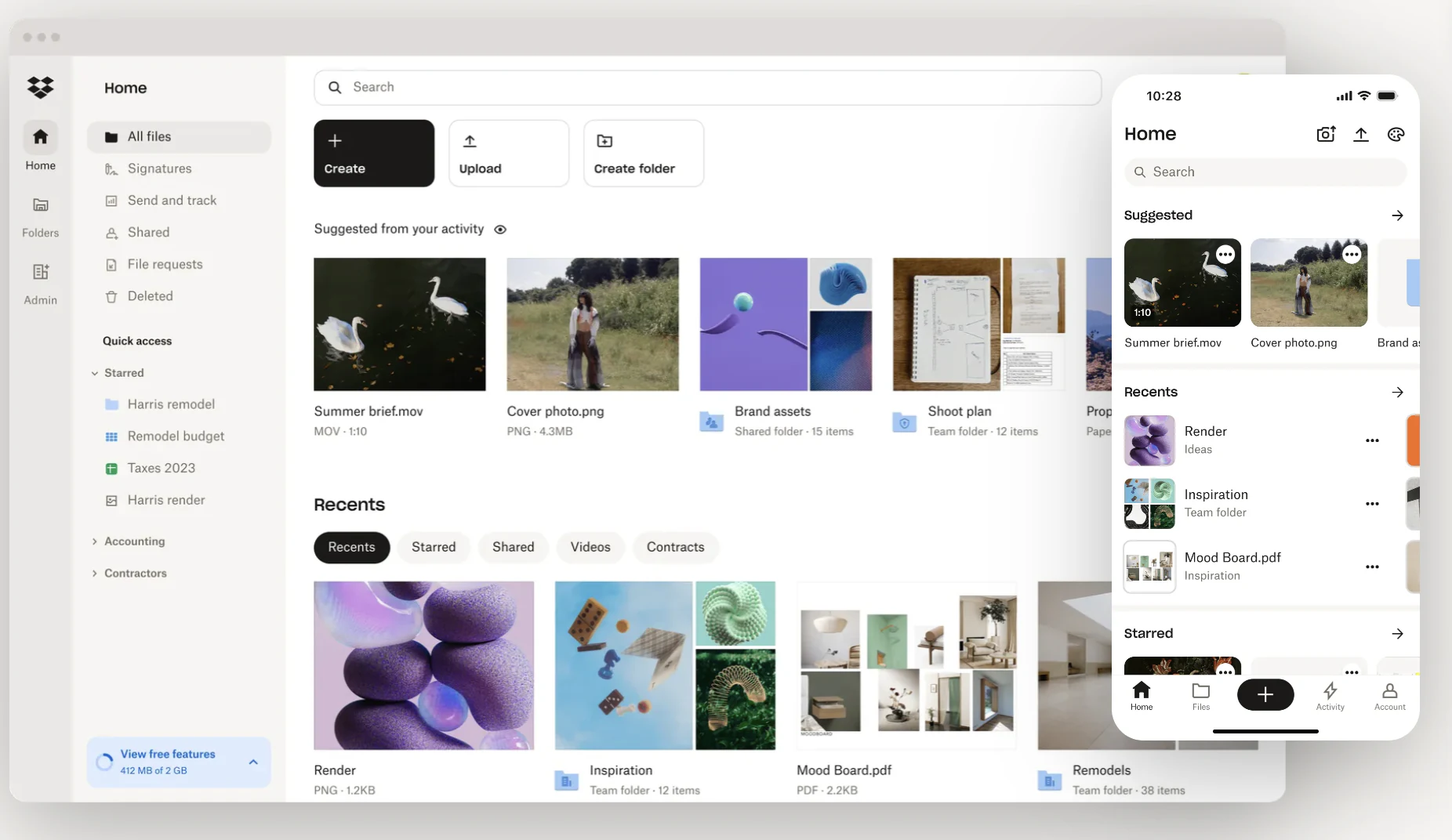 Dropbox Business home screen with suggested files and recents on desktop and mobile