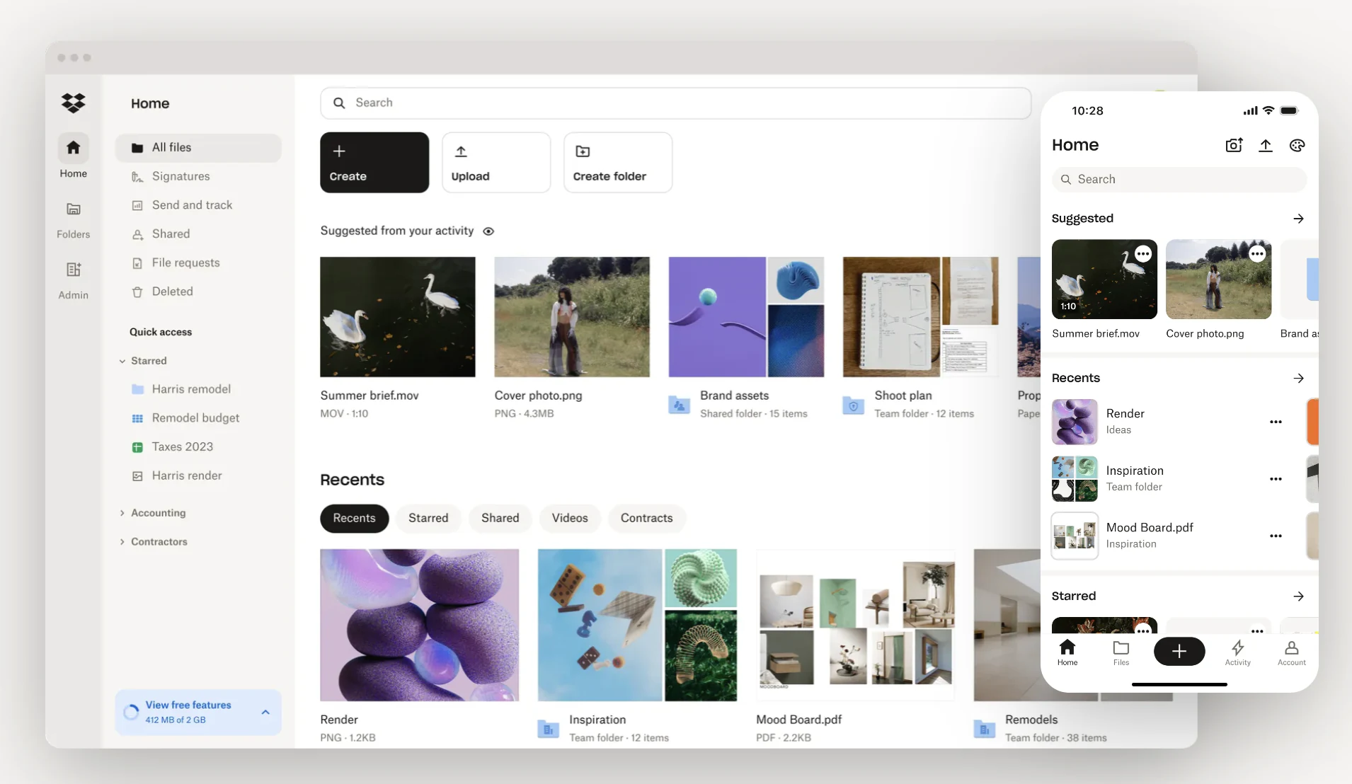 Dropbox home screen with suggested files, recent items and starred folders on desktop and mobile