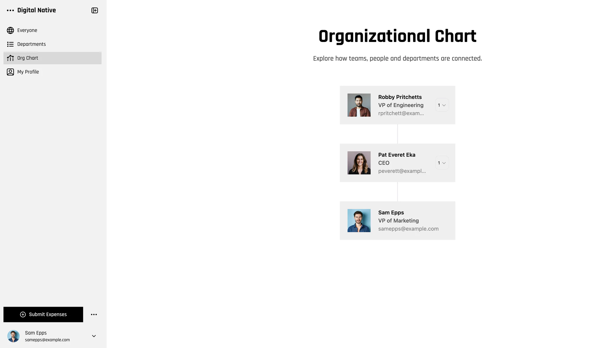 Softr org chart page showing a CEO with two vice presidents and their contact details