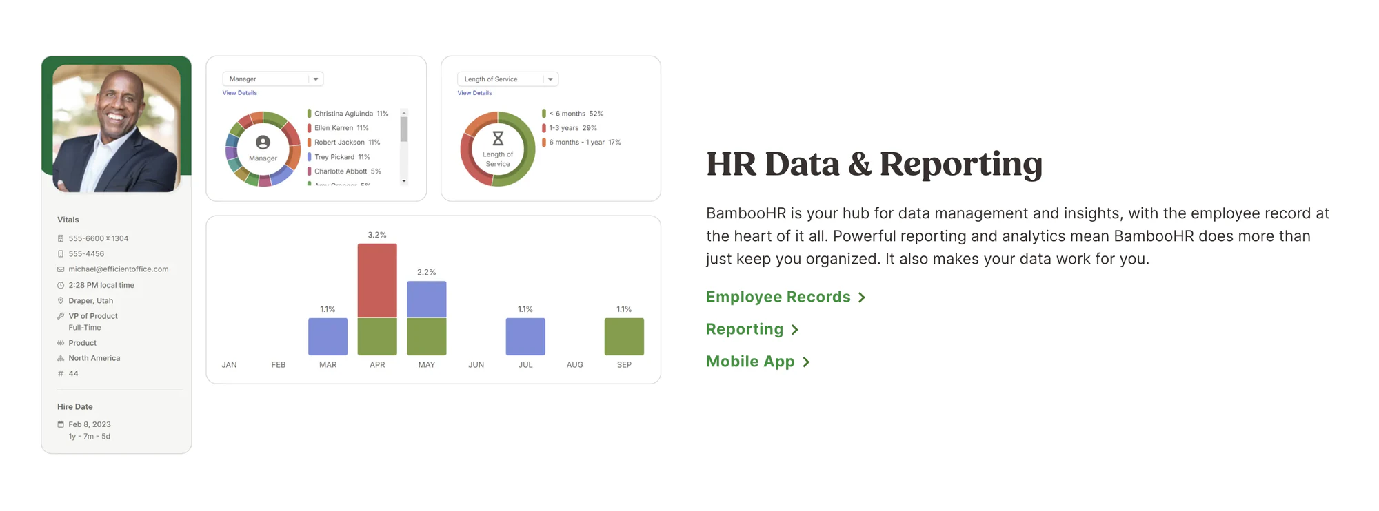 BambooHR HR data and reporting section with an employee record and headcount charts