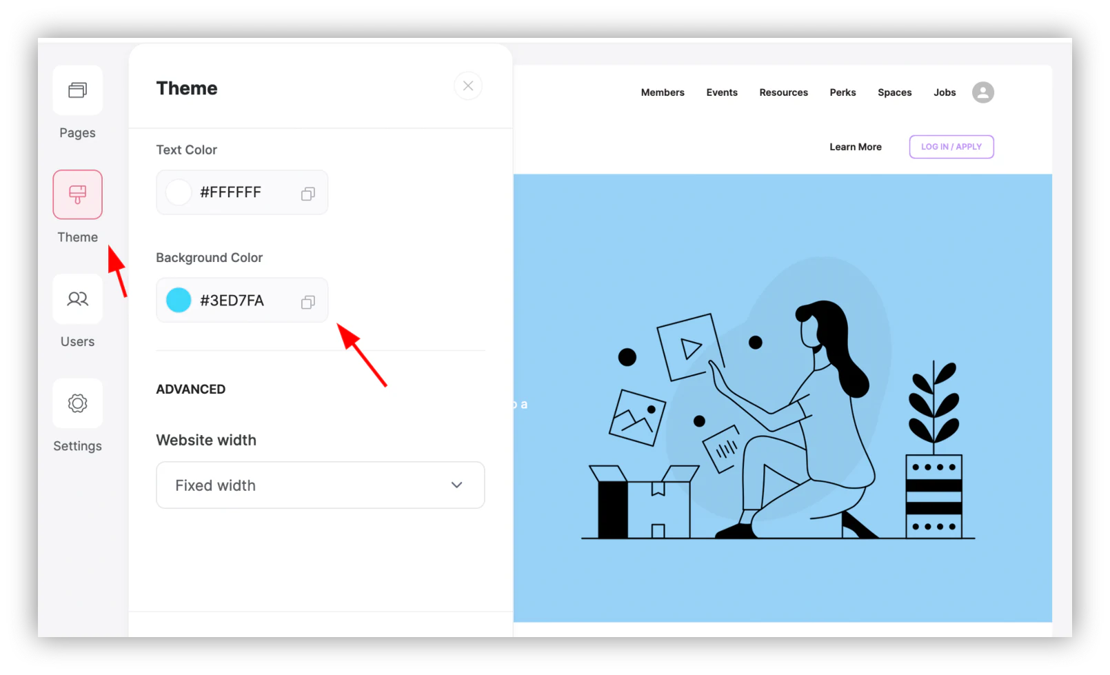 Softr theme settings panel for choosing colors and fonts app-wide