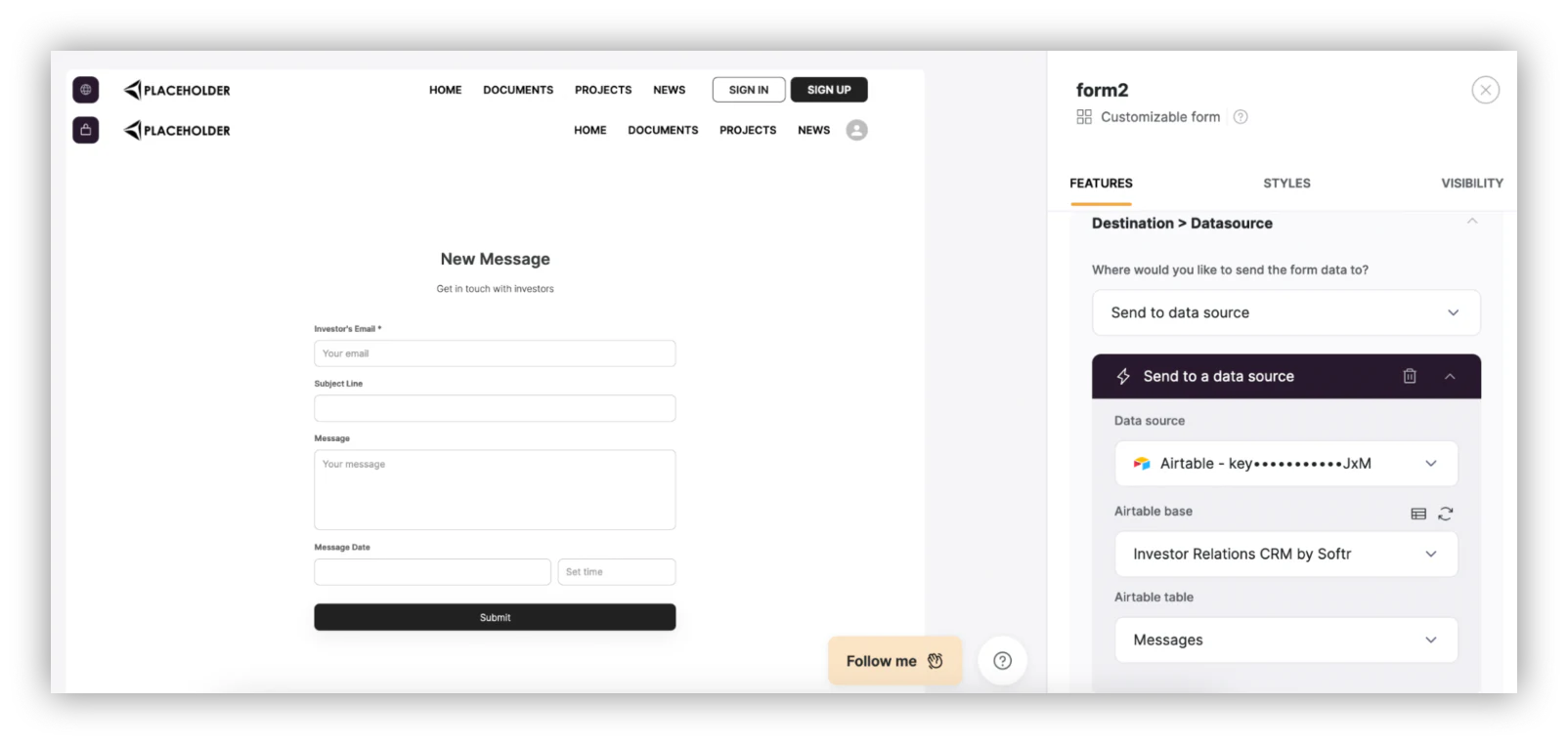 Connecting a form block to the Messages table for new investor messages