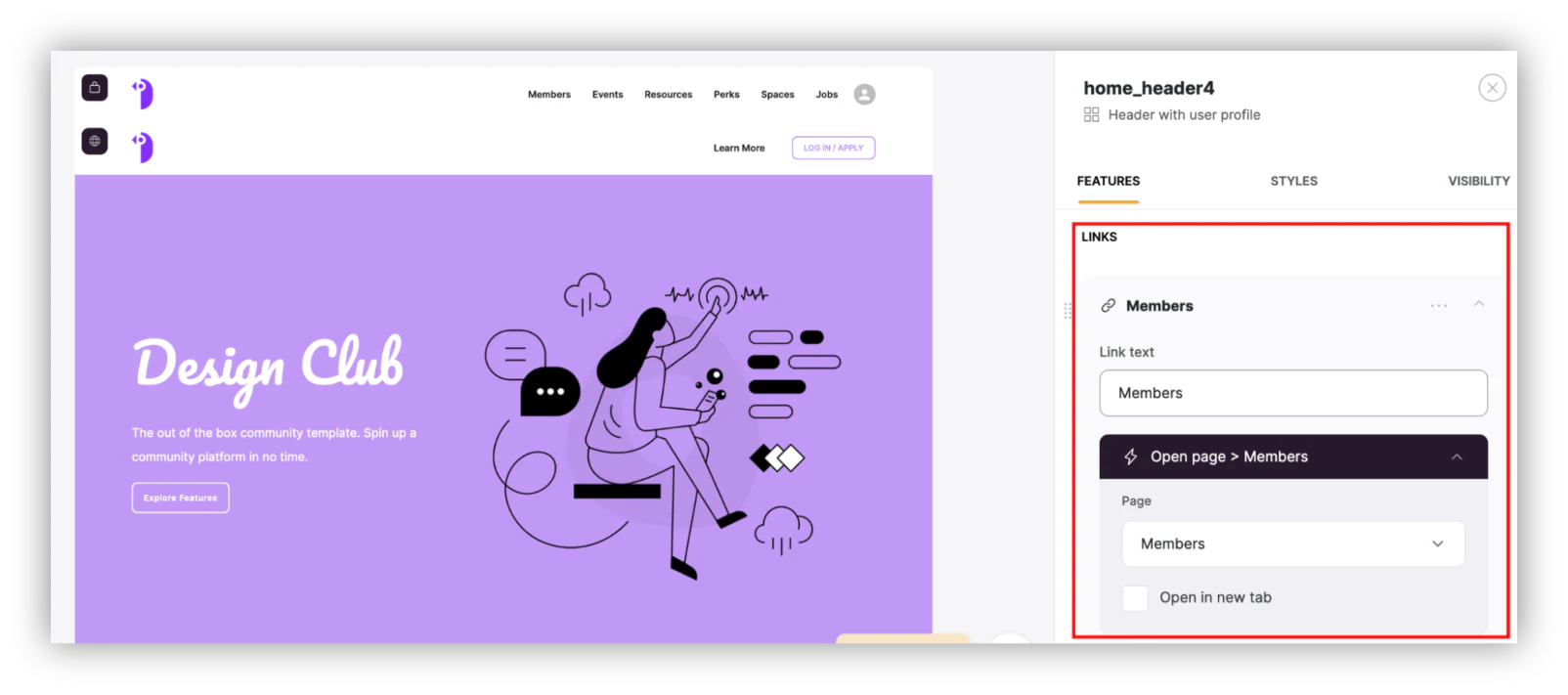 Editing header menu items and logo settings in the Softr studio