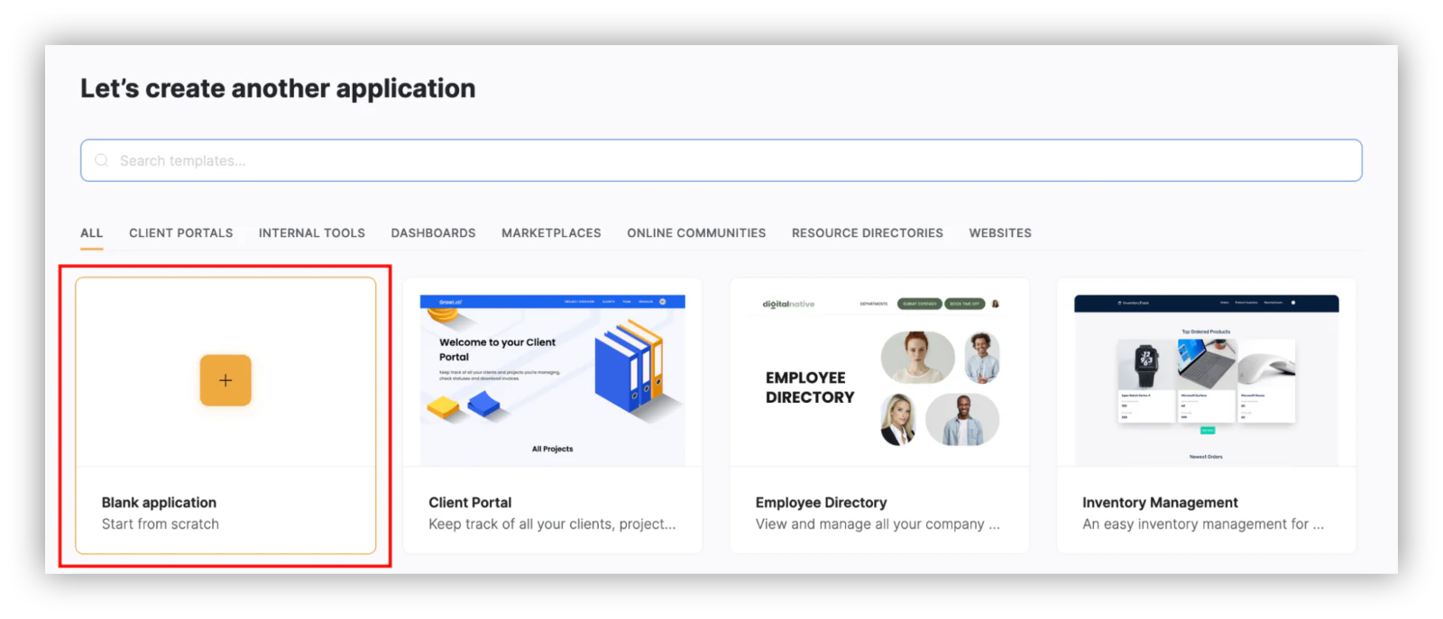 Starting a blank Softr application from the main dashboard