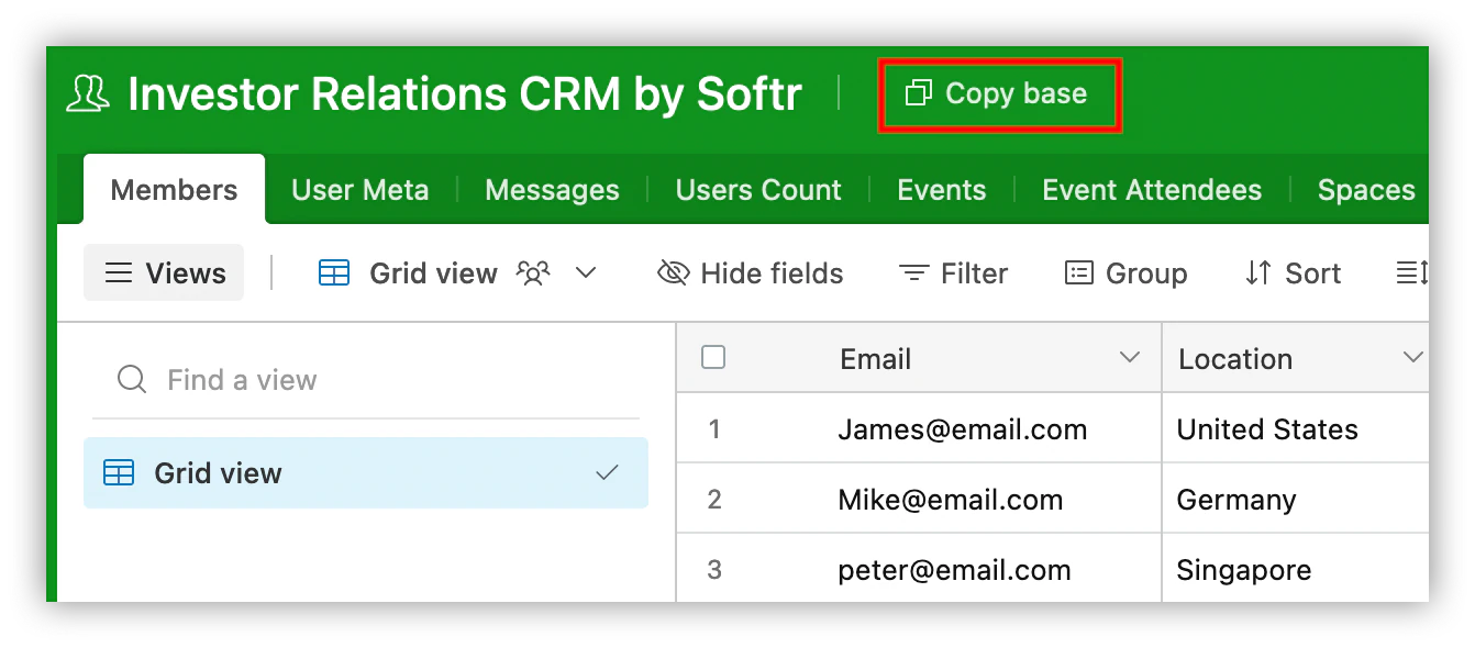 Airtable template base for an investor relations CRM showing members, messages, and users tables
