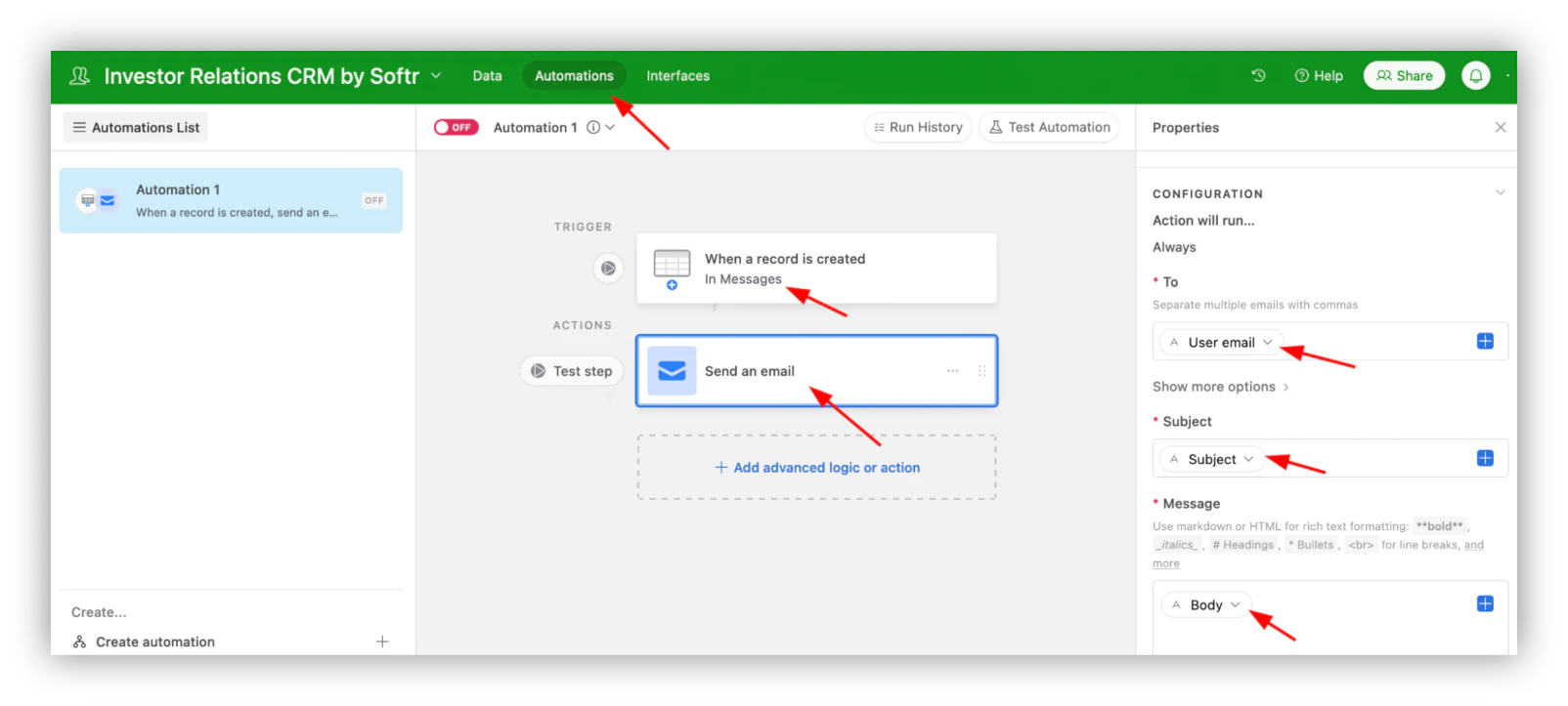 Airtable automation configured to send an email when a new message record is created