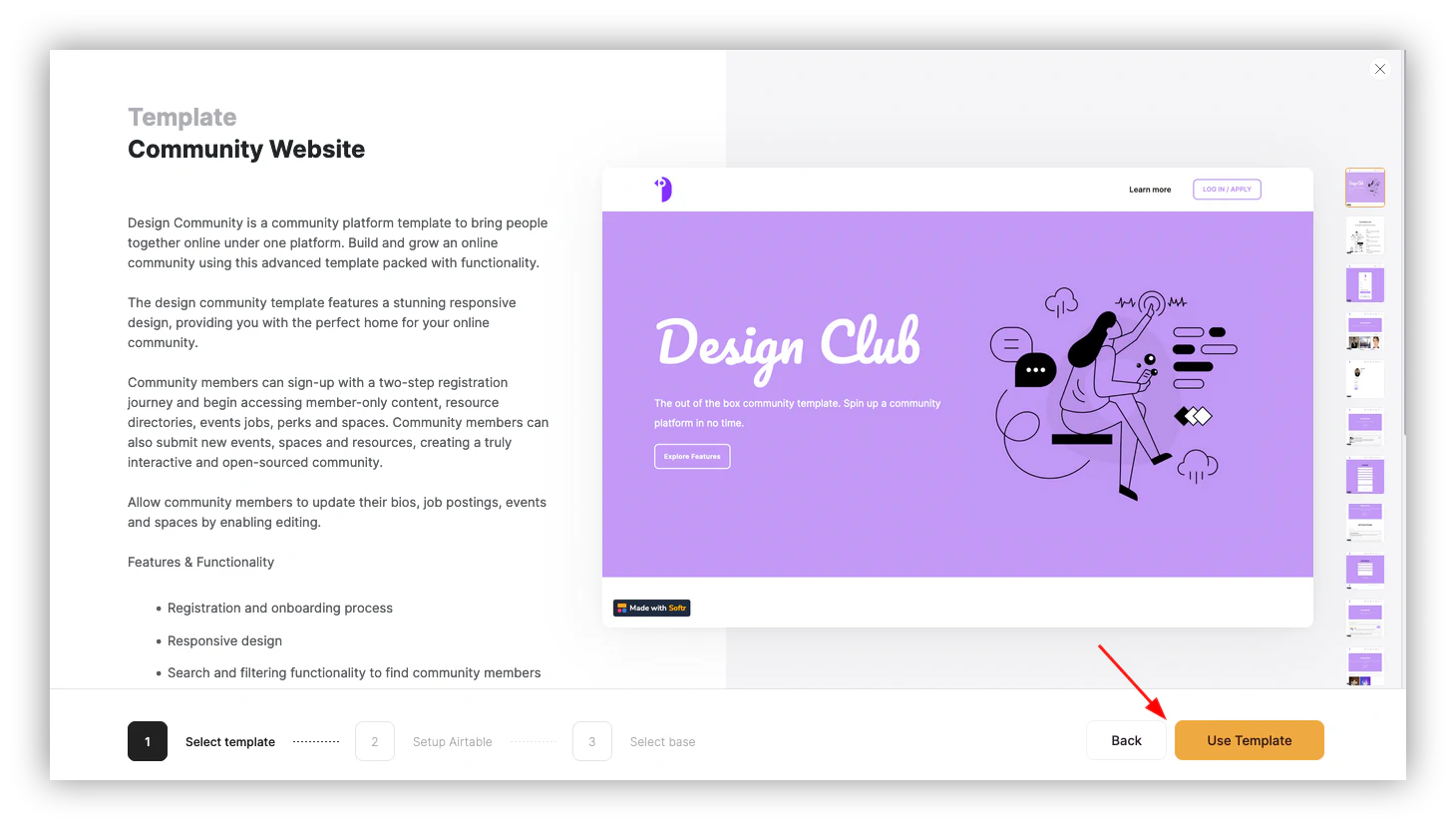 Use Template button on a Softr template detail page