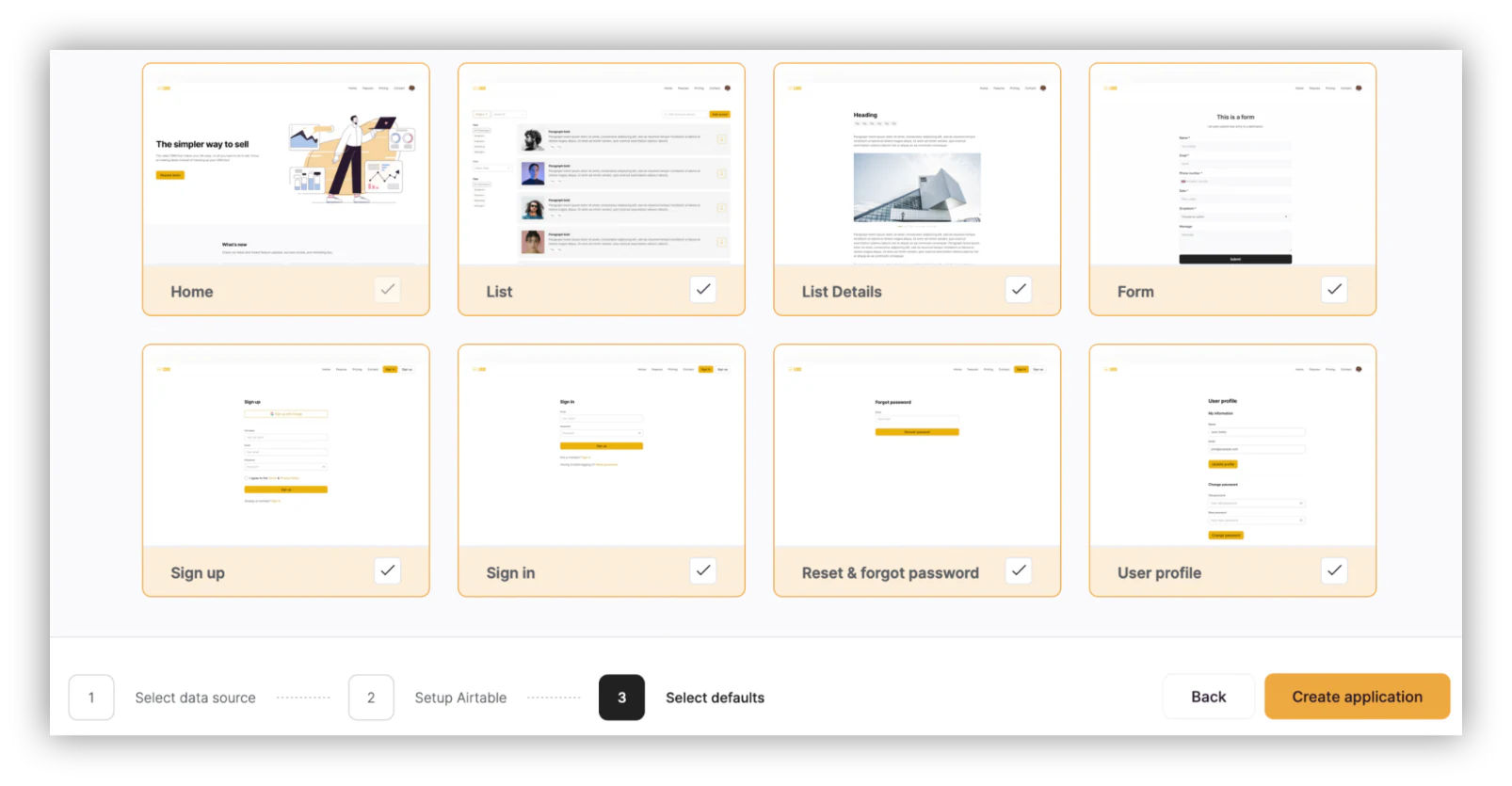 Choosing a prebuilt page template inside the Softr editor