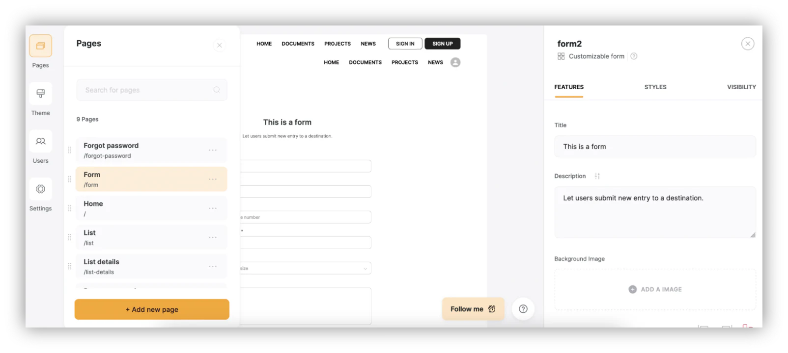 Editing a form page used to send new messages to investors