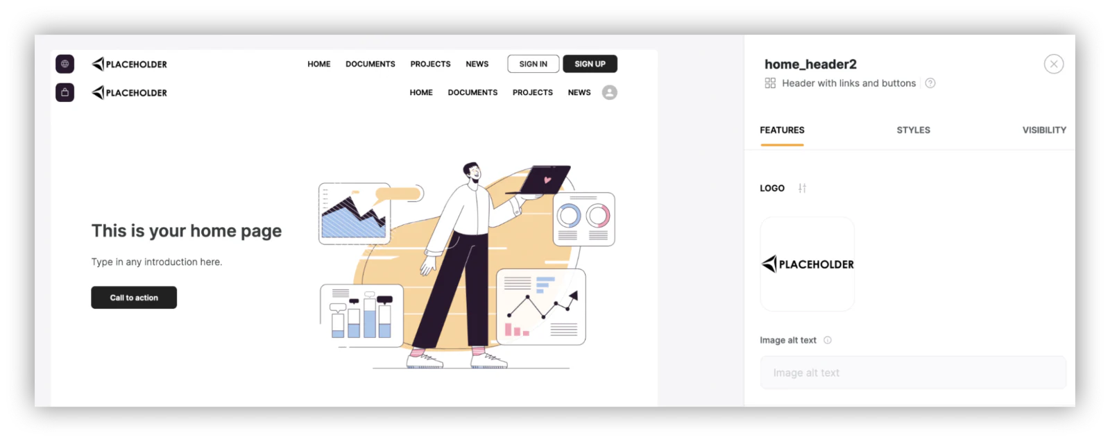 Configuring header and menu layout for a custom CRM app