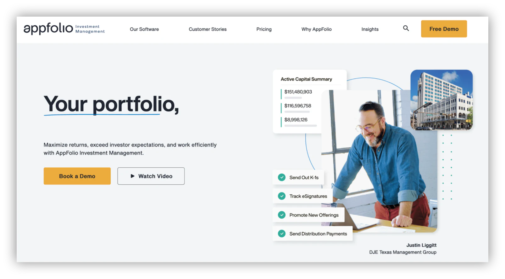 AppFolio Investment Management website homepage for real estate investor portals