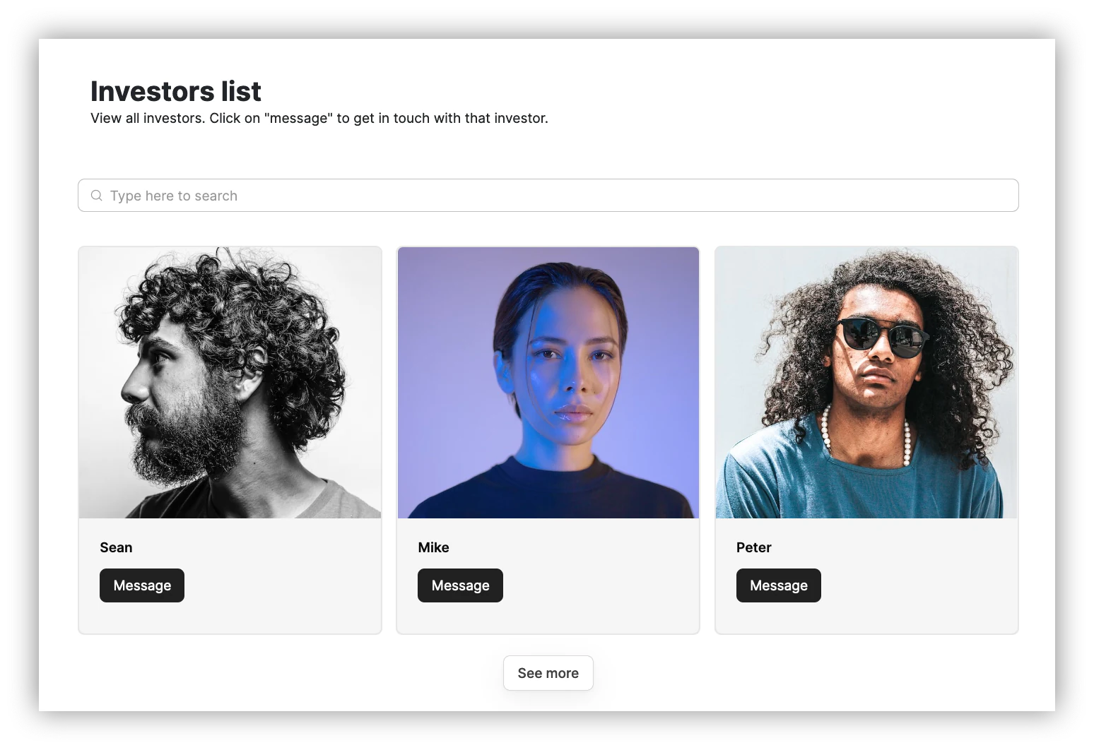 Building an investors list page with a title and list block