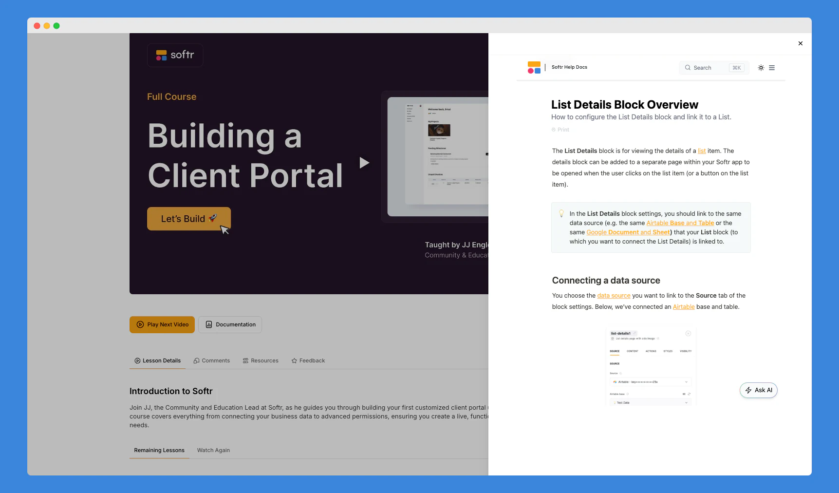 Softr Academy Building a Client Portal course video with a help docs article open in a side panel