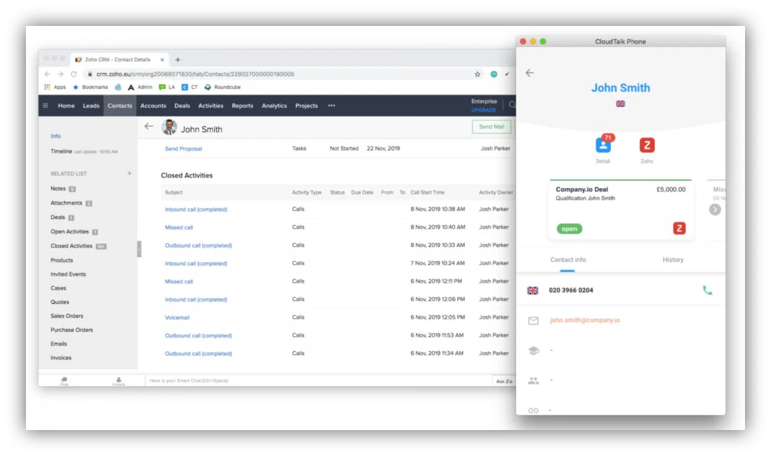 Zoho CRM contact record showing notes, attachments, and activity history