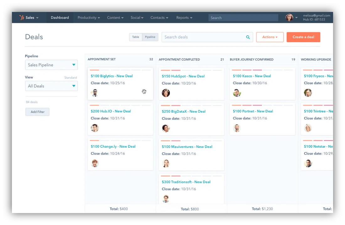 HubSpot CRM dashboard showing deals in a Kanban-style board