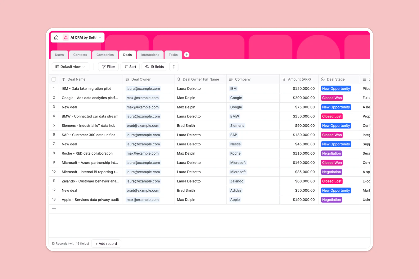 Screenshot of the Softr AI CRM database showing contacts, companies, and deal pipeline tables