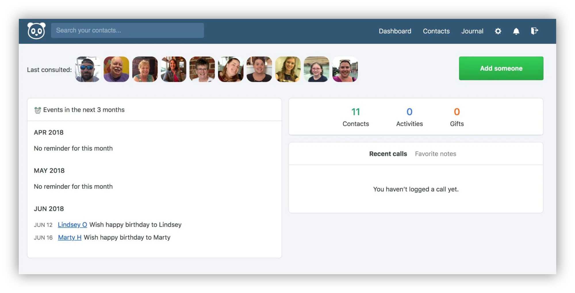 Monica personal CRM dashboard showing upcoming tasks and events