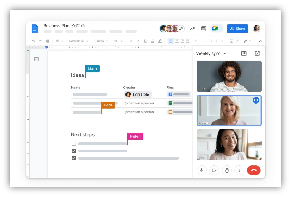Google Docs interface showing real-time document editing and comments