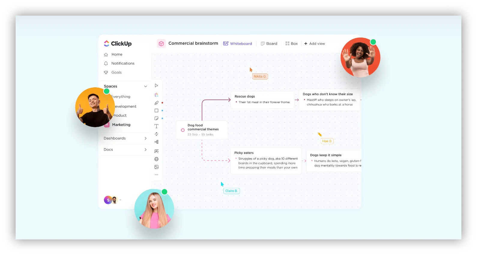 ClickUp Docs interface showing task statuses and document collaboration