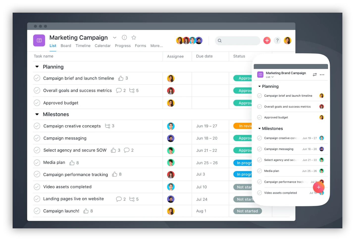Asana project view with document collaboration features integrated into tasks