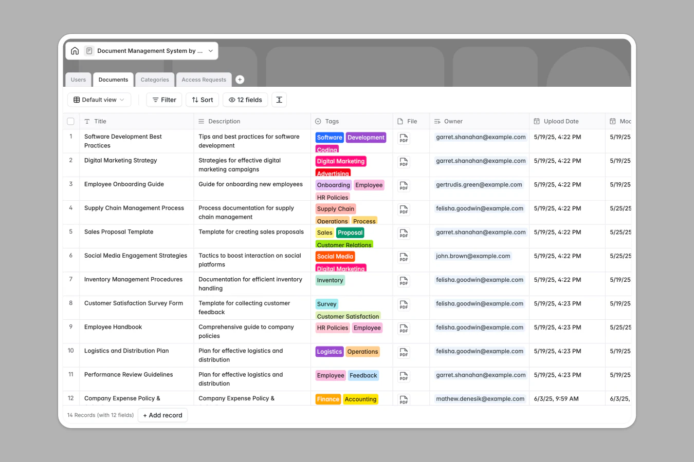 Softr Database screenshot showing a Document Management System table with categorized document records and controlled access permissions