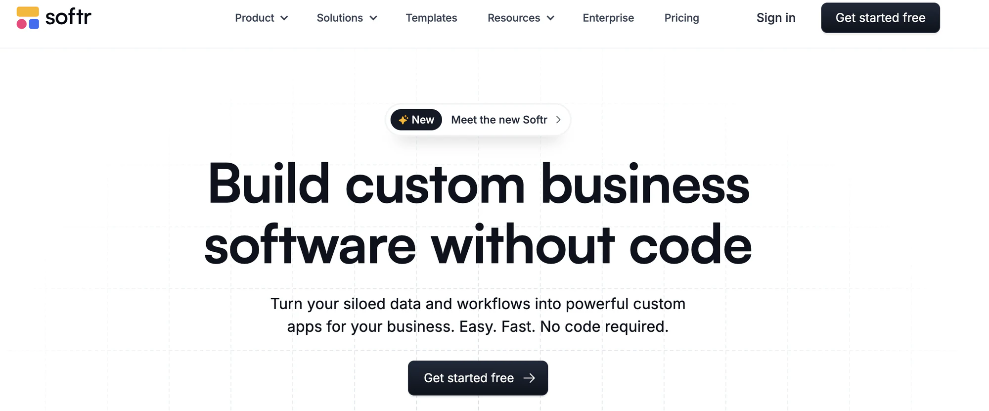 Softr homepage hero with the headline Build custom business software without code and a get started button