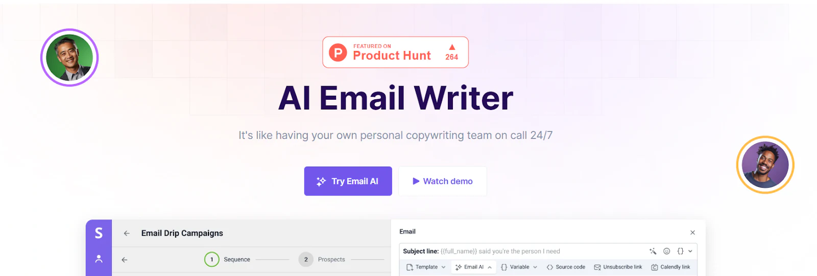 Snov.io AI Email Writer landing page with an email drip campaign editor preview