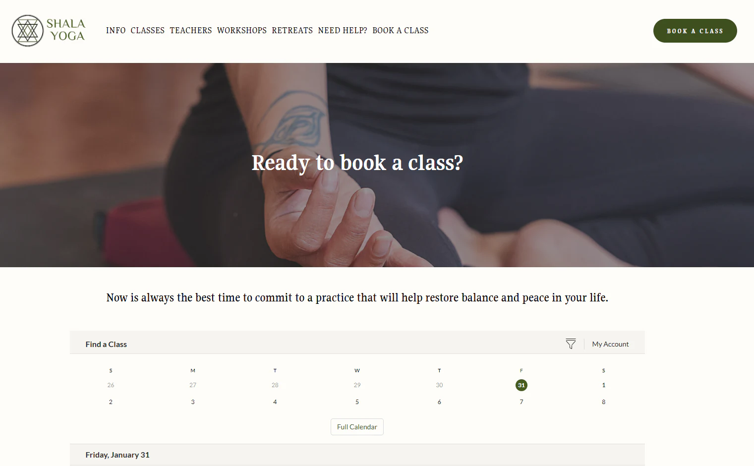 Shala Yoga booking page with a find a class calendar below a Ready to book a class banner