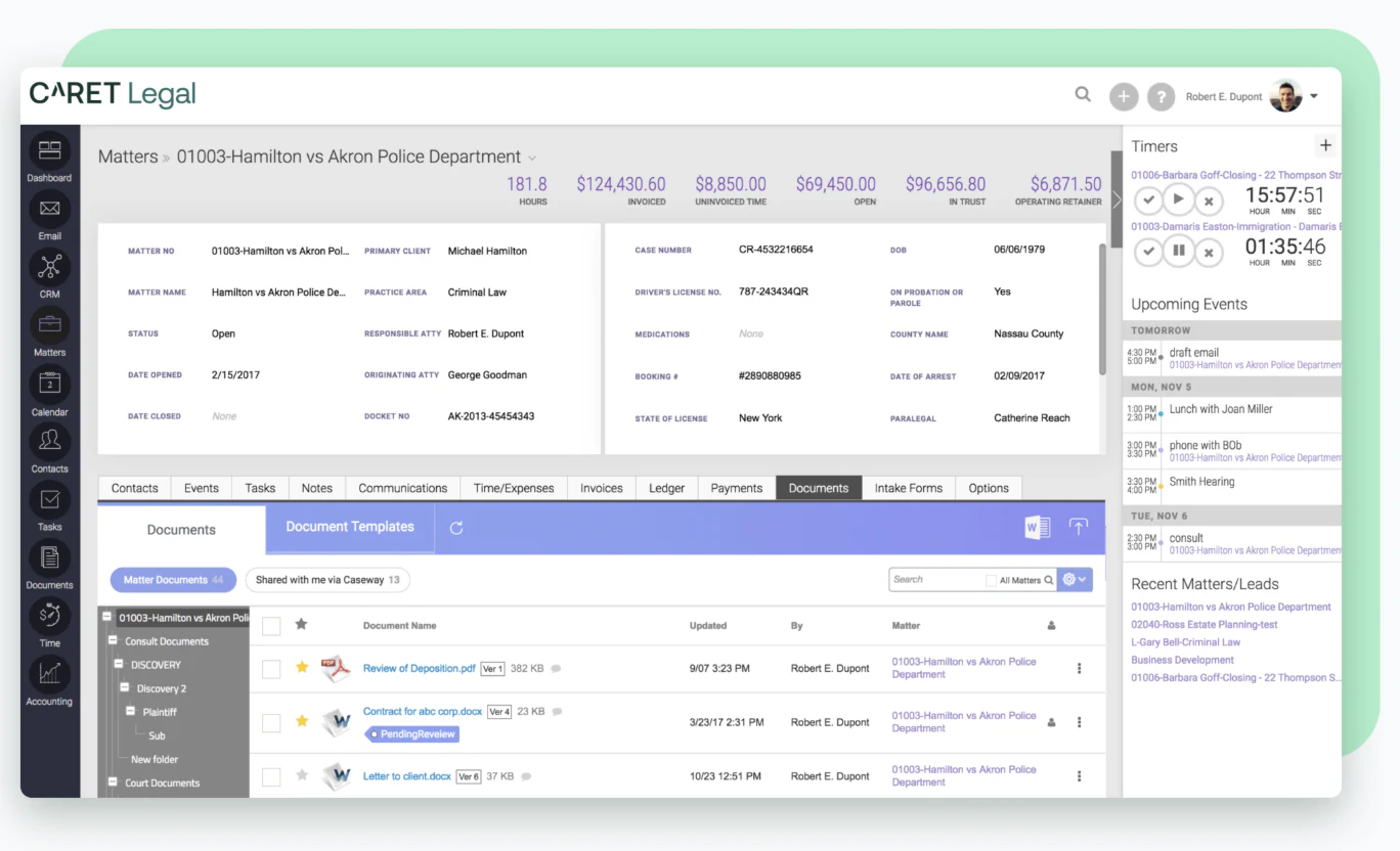 Caret Legal practice management software with document automation and billing